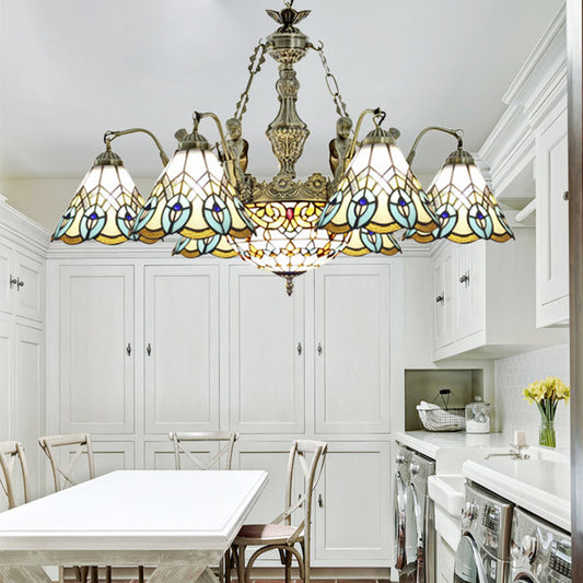 Suspension Paon - Style Tiffany avec 9 lampes en verre teinté blanc