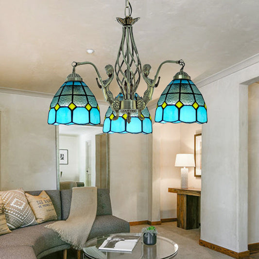Lustre en verre bleu Tiffany à 3 lumières - Conception de dôme découpé à la main pour l'éclairage de plafond