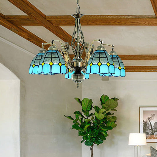 Lustre en vitrail bleu de style Tiffany avec 5 lampes suspendues