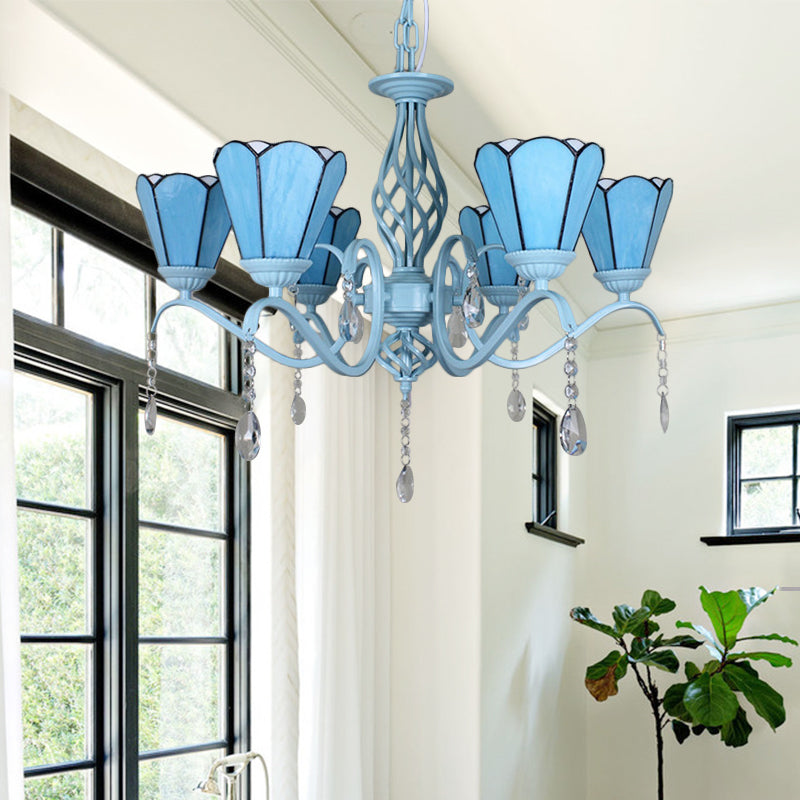 Lustre à suspension conique en verre teinté de style Tiffany - Chaîne réglable, blanc/bleu/transparent - Parfait pour le salon
