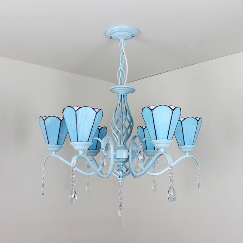 Lustre à suspension conique en verre teinté de style Tiffany - Chaîne réglable, blanc/bleu/transparent - Parfait pour le salon