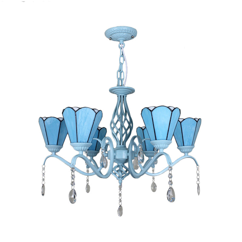 Lustre à suspension conique en verre teinté de style Tiffany - Chaîne réglable, blanc/bleu/transparent - Parfait pour le salon