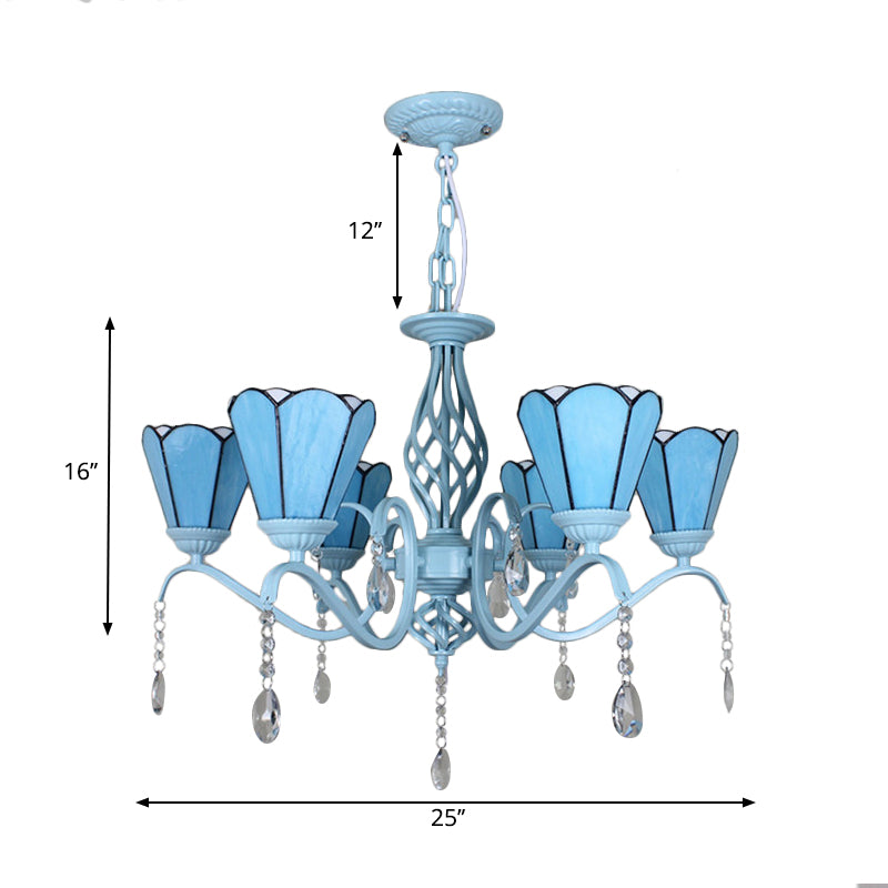 Lustre à suspension conique en verre teinté de style Tiffany - Chaîne réglable, blanc/bleu/transparent - Parfait pour le salon