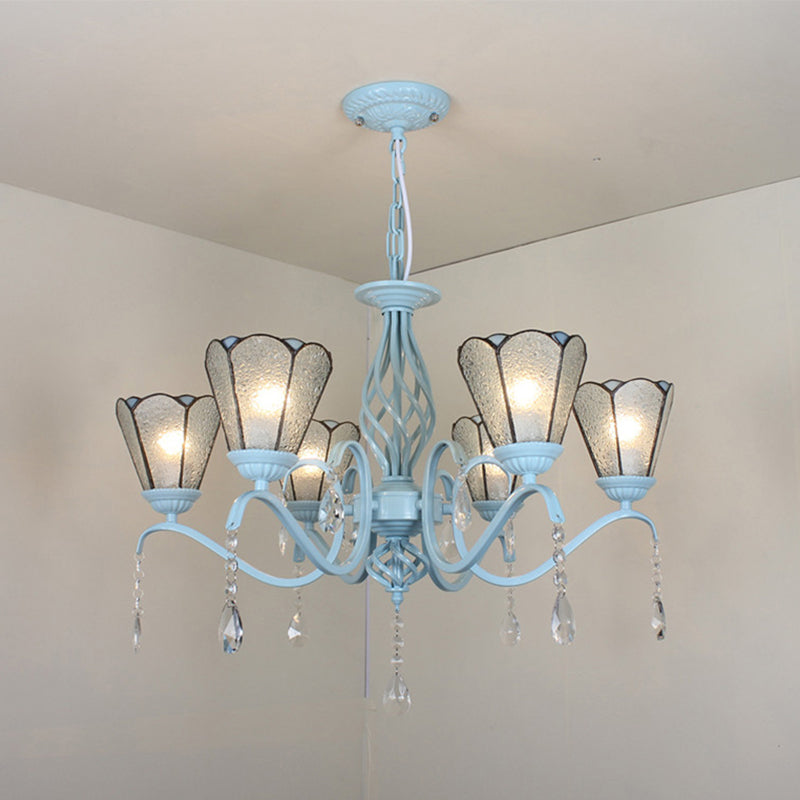 Lustre à suspension conique en verre teinté de style Tiffany - Chaîne réglable, blanc/bleu/transparent - Parfait pour le salon