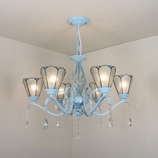 Tiffany Style Stained Glass Cone Pendant Chandelier - Adjustable Chain, White/Blue/Clear - Perfect for Living Room
