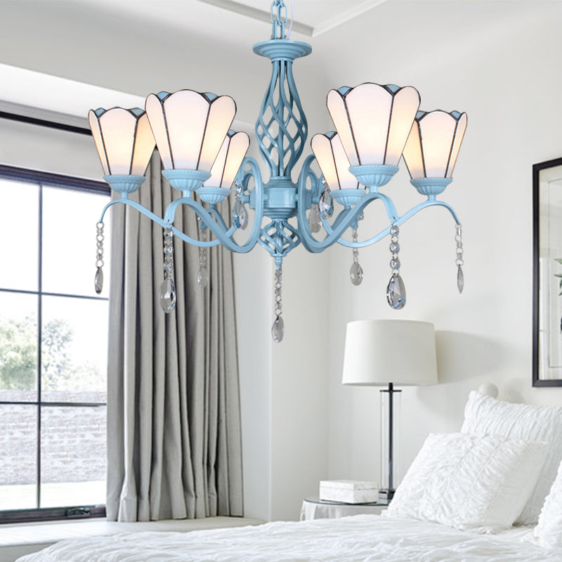 Lustre à suspension conique en verre teinté de style Tiffany - Chaîne réglable, blanc/bleu/transparent - Parfait pour le salon
