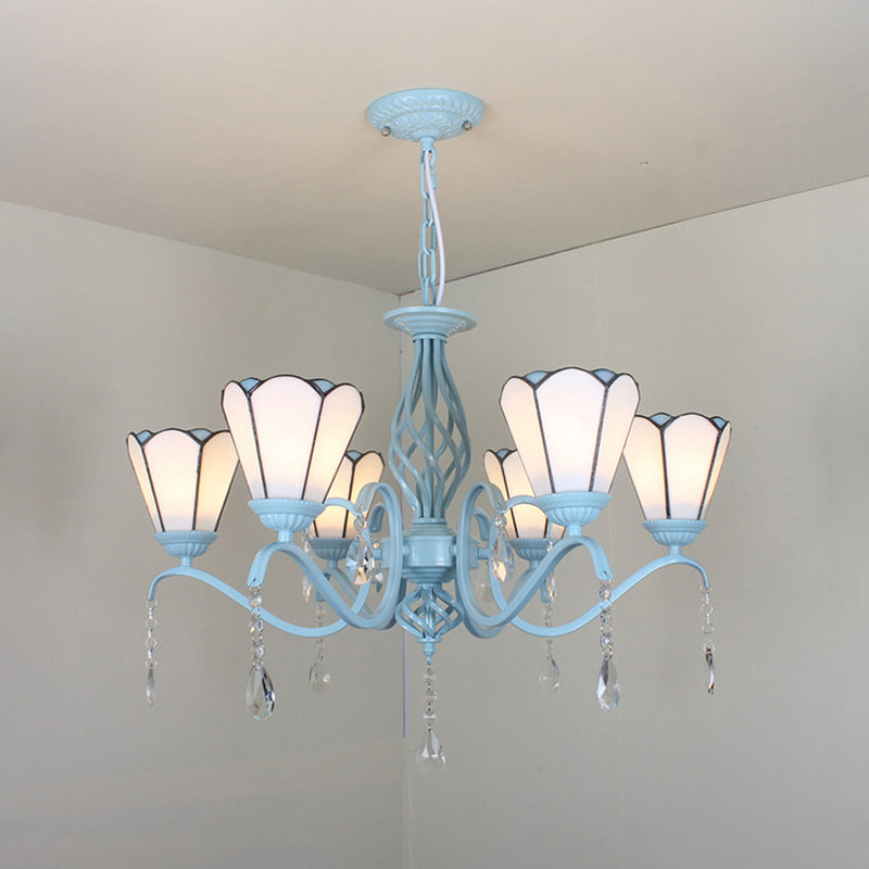Lustre à suspension conique en verre teinté de style Tiffany - Chaîne réglable, blanc/bleu/transparent - Parfait pour le salon