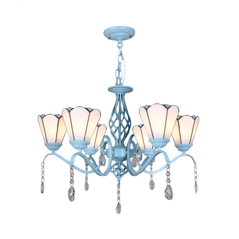 Lustre à suspension conique en verre teinté de style Tiffany - Chaîne réglable, blanc/bleu/transparent - Parfait pour le salon