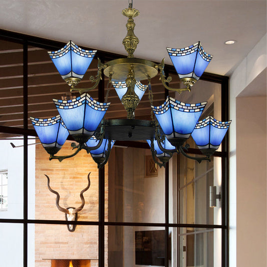 Lampe à suspension en forme de pyramide nautique - Lustre en verre bleu à 2 niveaux avec chaîne en métal (9 lumières) en bleu