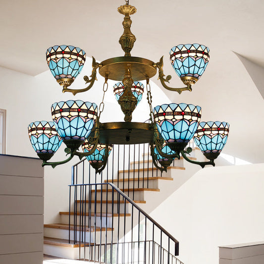 Lustre en verre teinté bleu - Suspension de plafond baroque à 9 lumières pour couloir