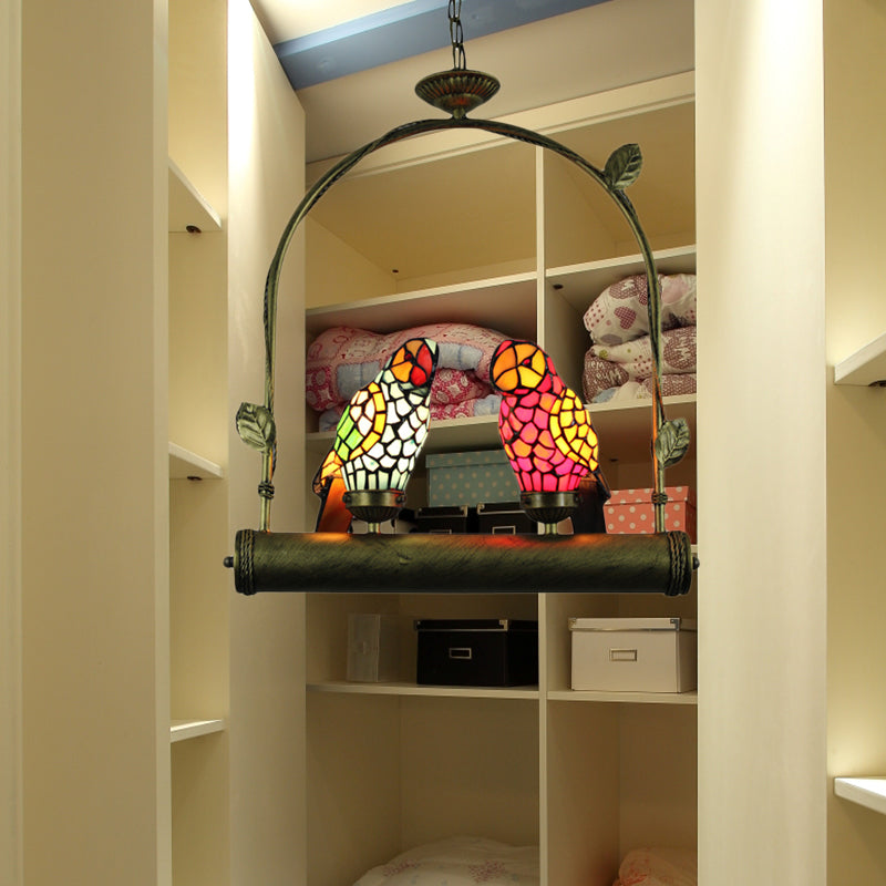 Plafonnier perroquet de style Tiffany avec perchoir pivotant - Lampe suspendue en verre inoxydable bleu/rose et rouge/jaune (2 lumières)