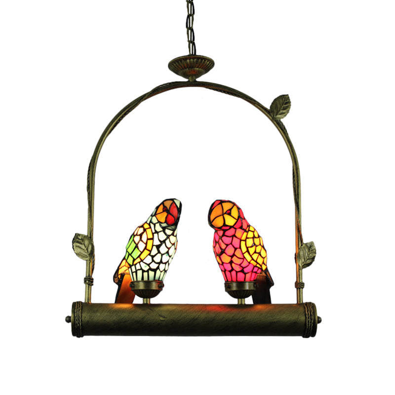 Plafonnier perroquet de style Tiffany avec perchoir pivotant - Lampe suspendue en verre inoxydable bleu/rose et rouge/jaune (2 lumières)