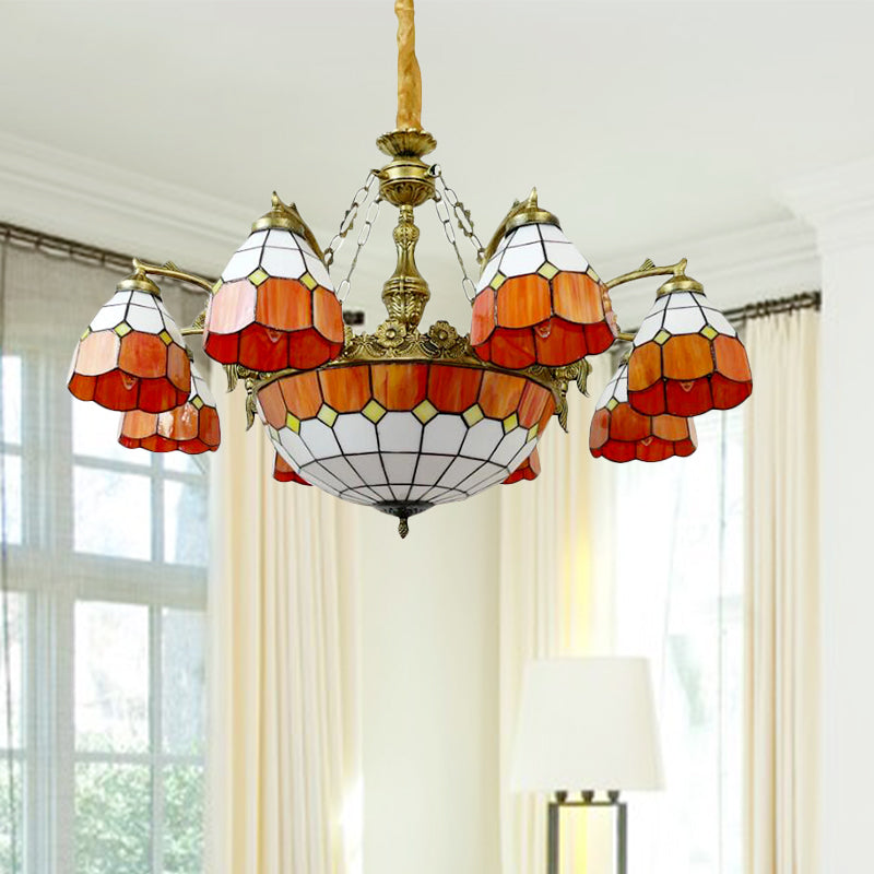 Vintage Art Glass Tiffany Chandelier - Orange Dome Hotel Lighting for Hallways