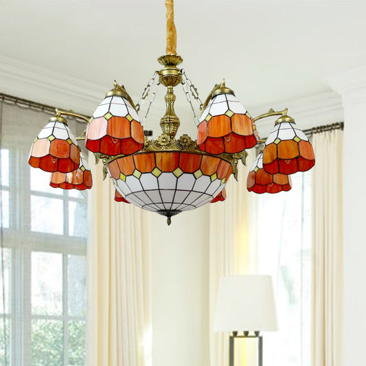 Vintage Art Glass Tiffany Chandelier - Orange Dome Hotel Lighting for Hallways