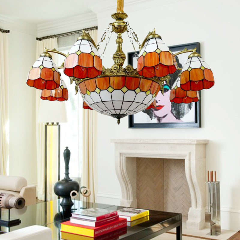 Vintage Art Glass Tiffany Chandelier - Orange Dome Hotel Lighting for Hallways