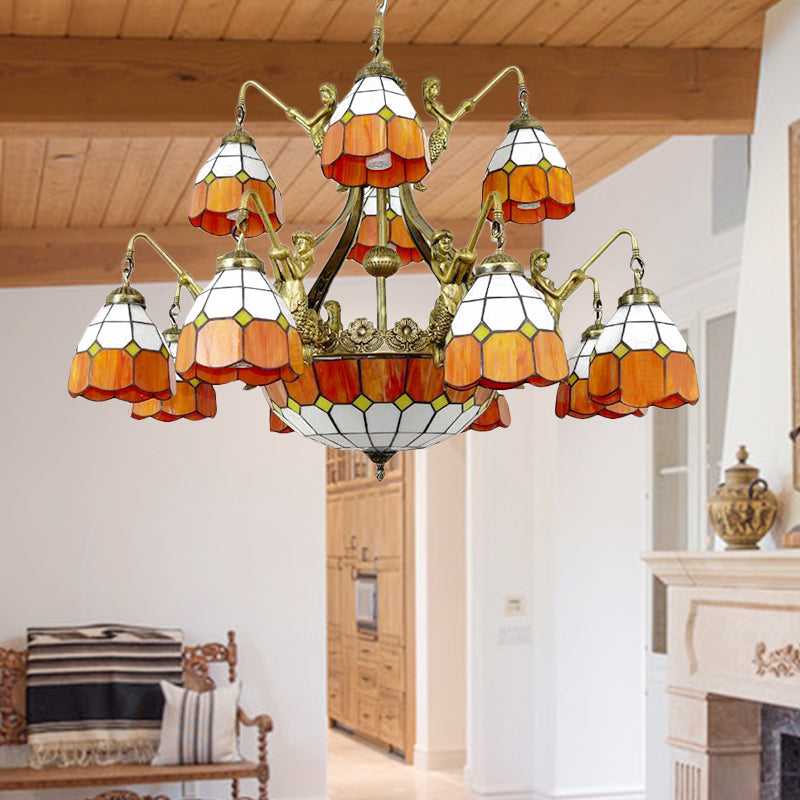 Vintage Art Glass Tiffany Chandelier - Orange Dome Hotel Lighting for Hallways