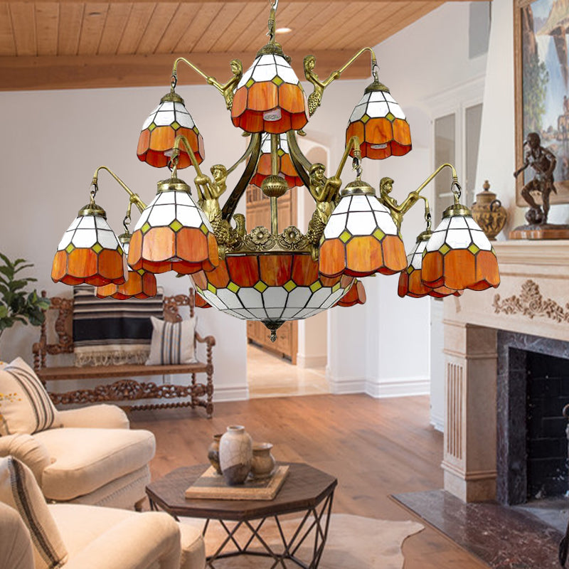 Vintage Art Glass Tiffany Chandelier - Orange Dome Hotel Lighting for Hallways