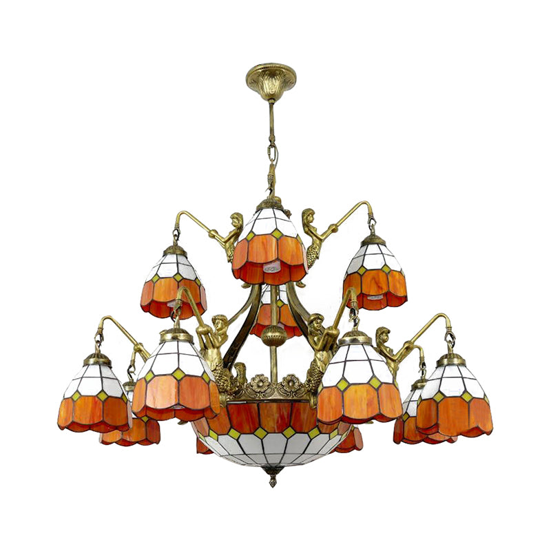 Vintage Art Glass Tiffany Chandelier - Orange Dome Hotel Lighting for Hallways