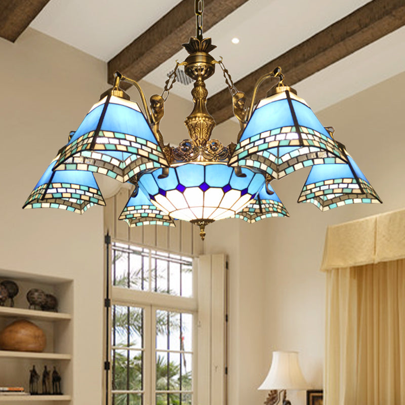 Lustre pyramidal en vitrail - Luminaire méditerranéen à 9 lumières en bleu