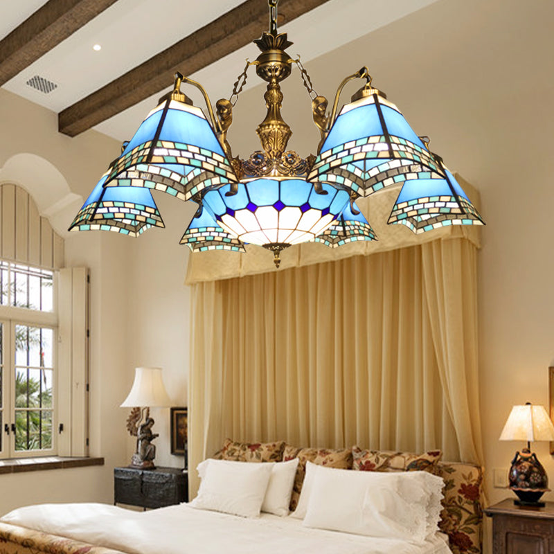 Lustre pyramidal en vitrail - Luminaire méditerranéen à 9 lumières en bleu