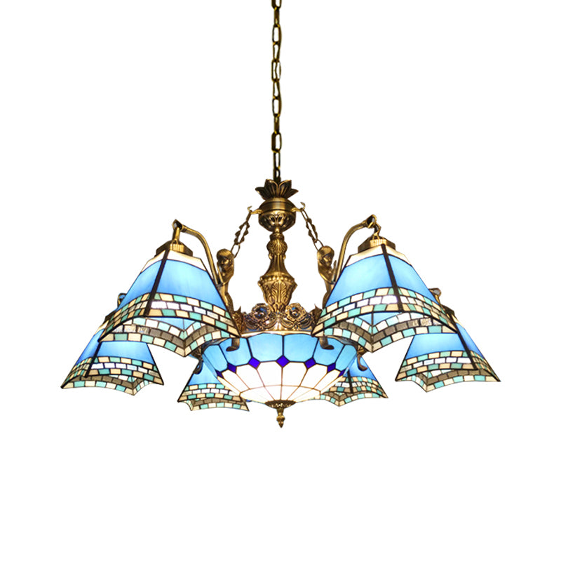 Lustre pyramidal en vitrail - Luminaire méditerranéen à 9 lumières en bleu