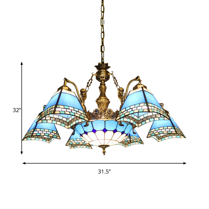 Lustre pyramidal en vitrail - Luminaire méditerranéen à 9 lumières en bleu
