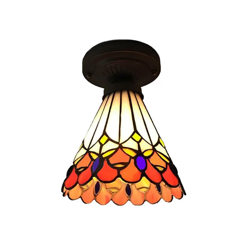 Tiffany Stained Glass Ceiling Mount Light for Cloth Shop – 1-Head Flower/Bird/Phoenix Design in Black with Pink & Red Rose Accents