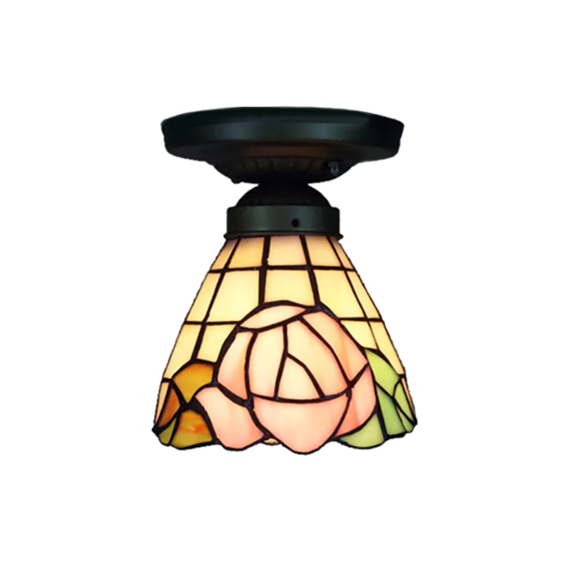 Tiffany Stained Glass Ceiling Mount Light For Cloth Shop 1-Head Flower/Bird/Phoenix Design In Black