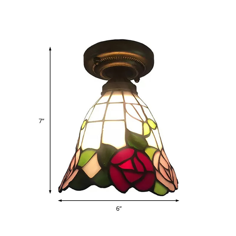Tiffany Stained Glass Ceiling Mount Light For Cloth Shop 1-Head Flower/Bird/Phoenix Design In Black