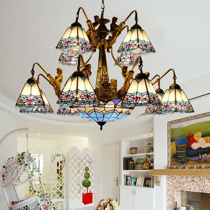 Lustre en vitrail bleu - Style Tiffany avec 15 lumières et motif baroque/magnolia