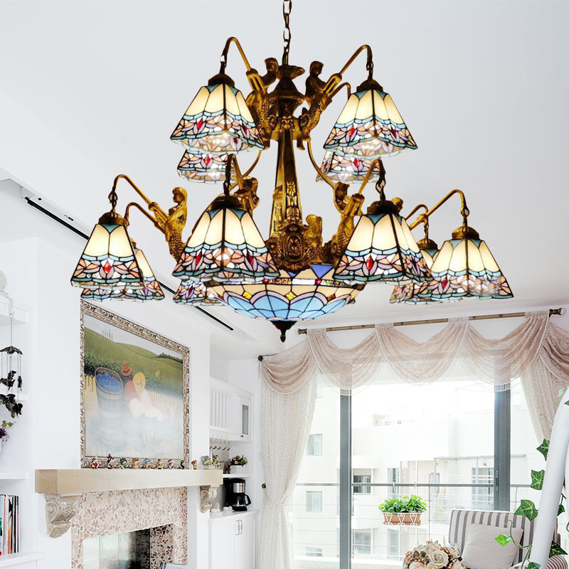 Lustre en vitrail bleu - Style Tiffany avec 15 lumières et motif baroque/magnolia