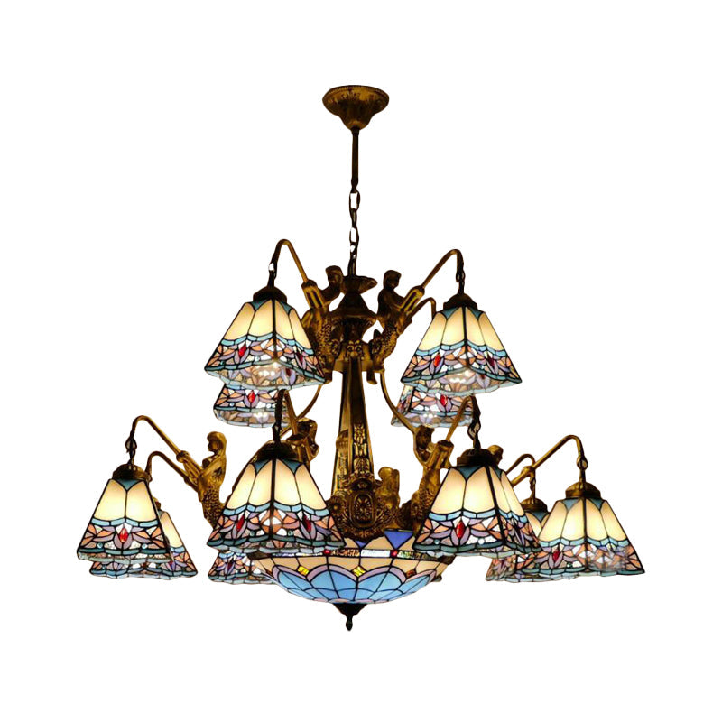 Lustre en vitrail bleu - Style Tiffany avec 15 lumières et motif baroque/magnolia