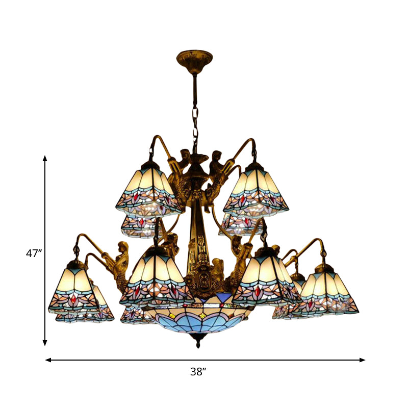 Lustre en vitrail bleu - Style Tiffany avec 15 lumières et motif baroque/magnolia