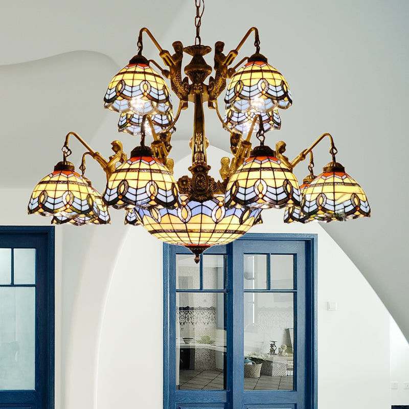Lustre en vitrail bleu - Style Tiffany avec 15 lumières et motif baroque/magnolia