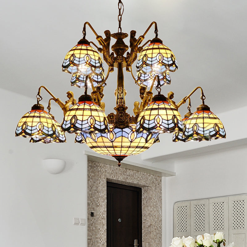 Lustre en vitrail bleu - Style Tiffany avec 15 lumières et motif baroque/magnolia