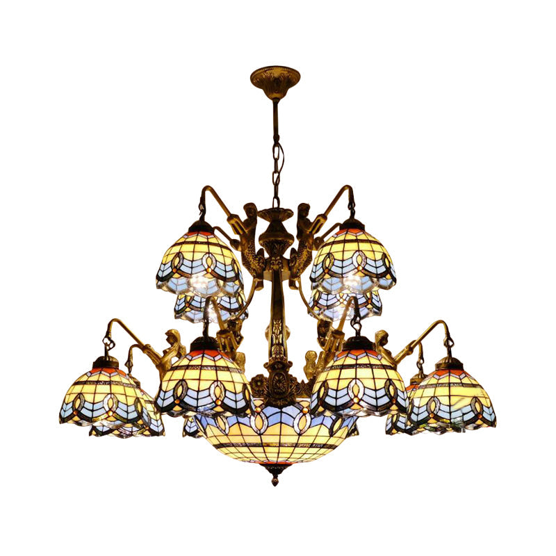 Lustre en vitrail bleu - Style Tiffany avec 15 lumières et motif baroque/magnolia
