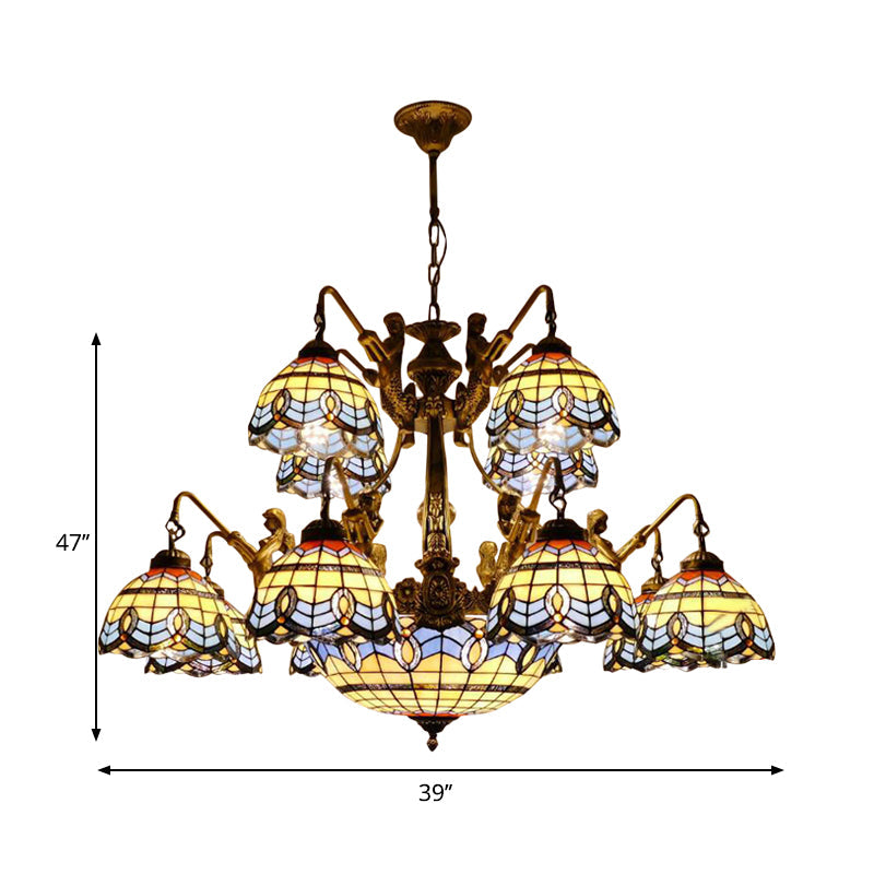 Lustre en vitrail bleu - Style Tiffany avec 15 lumières et motif baroque/magnolia