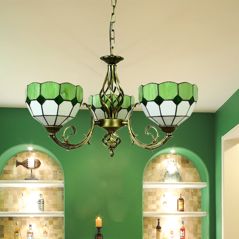 Lampe à suspension en verre Tiffany avec motif en treillis : nuances jaunes et vertes vibrantes, parfaite pour la salle à manger - 3 ampoules incluses