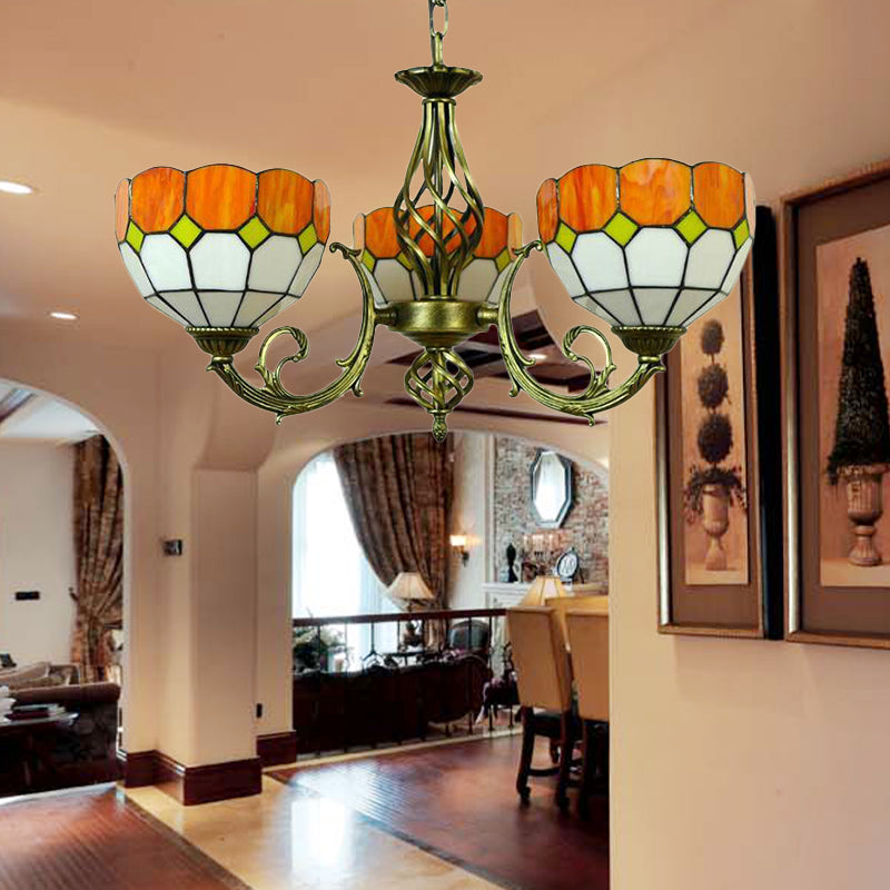 Lampe à suspension en verre Tiffany avec motif en treillis : nuances jaunes et vertes vibrantes, parfaite pour la salle à manger - 3 ampoules incluses