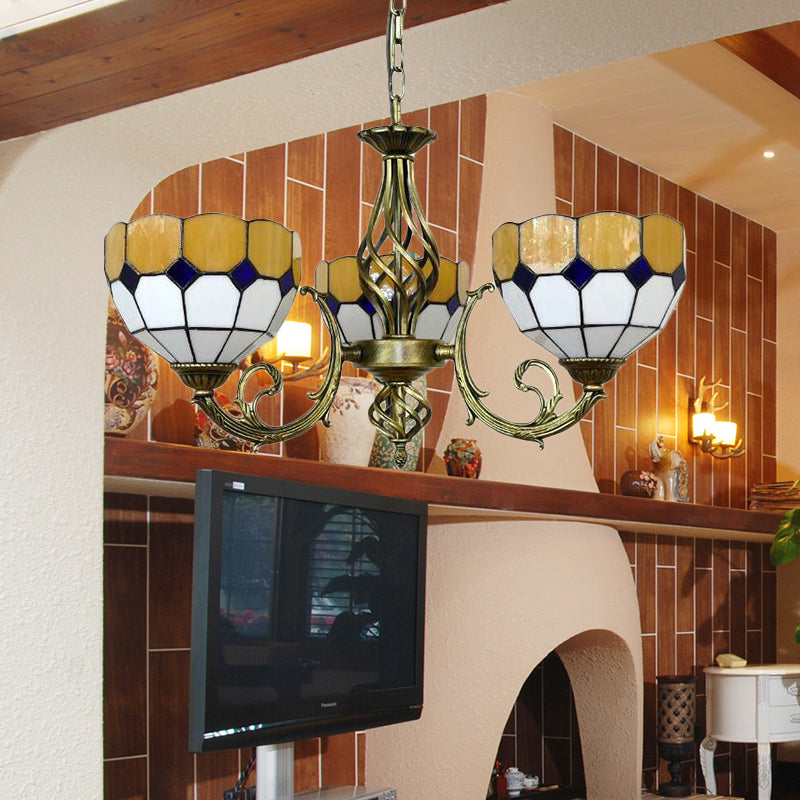 Lampe à suspension en verre Tiffany avec motif en treillis : nuances jaunes et vertes vibrantes, parfaite pour la salle à manger - 3 ampoules incluses