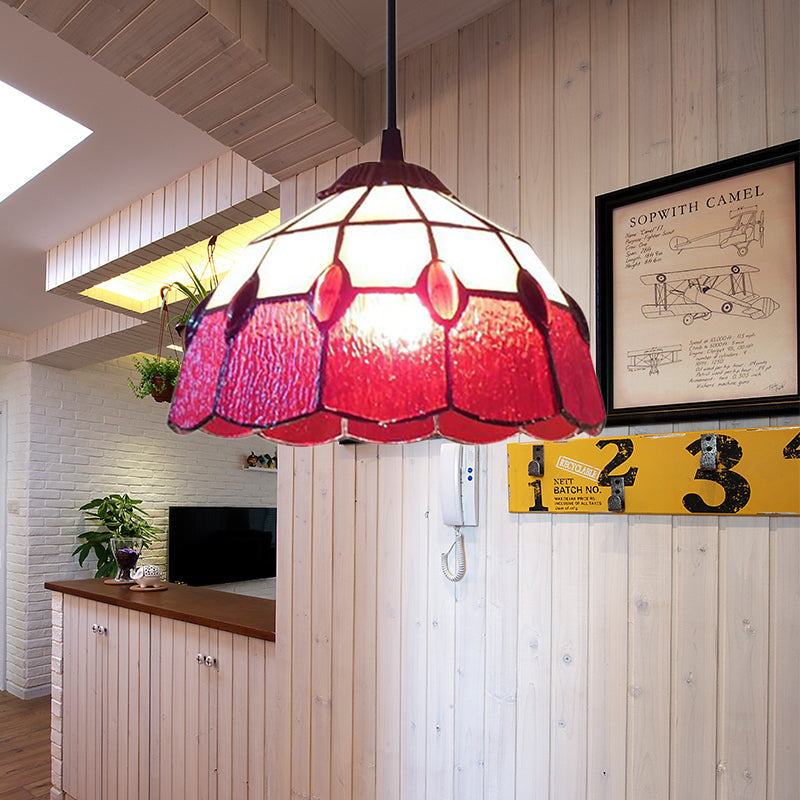 Lampe à suspension en forme de bol en verre teinté de style Tiffany - Éclairage à 1 tête rouge pour le salon