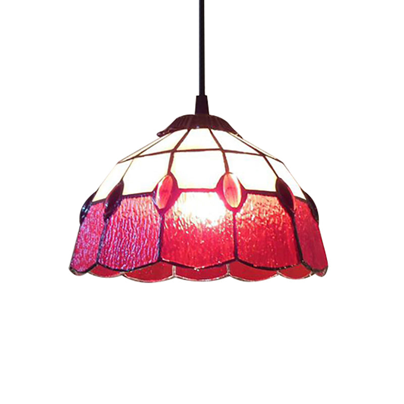 Lampe à suspension en forme de bol en verre teinté de style Tiffany - Éclairage à 1 tête rouge pour le salon