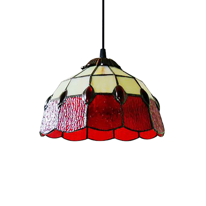 Lampe à suspension en forme de bol en verre teinté de style Tiffany - Éclairage à 1 tête rouge pour le salon