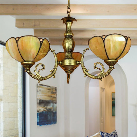 Traditional Tiffany Dome Hanging Light Chandelier in Yellow - 6/3 Bulbs - Bedroom Décor
