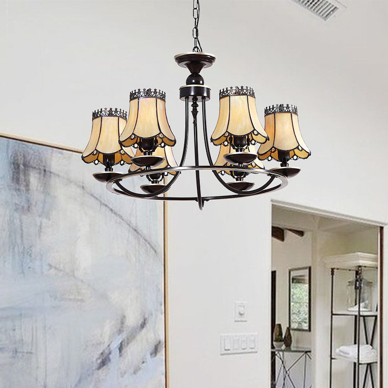 Vintage Ring Pendant Light With Tapered Yellow Glass Shades - 6 Lights Chandelier For Hotel