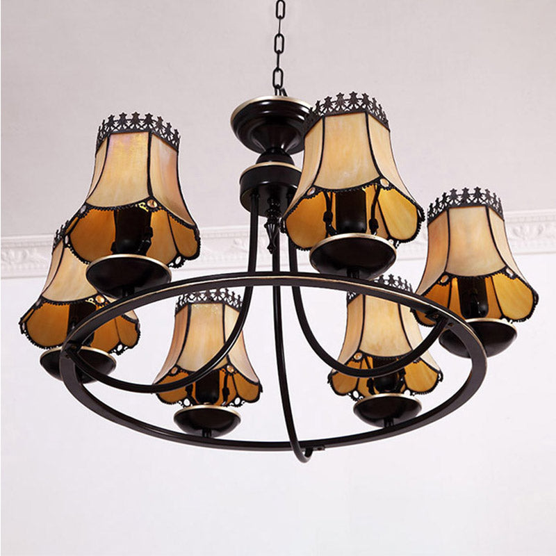 Vintage Ring Pendant Light With Tapered Yellow Glass Shades - 6 Lights Chandelier For Hotel