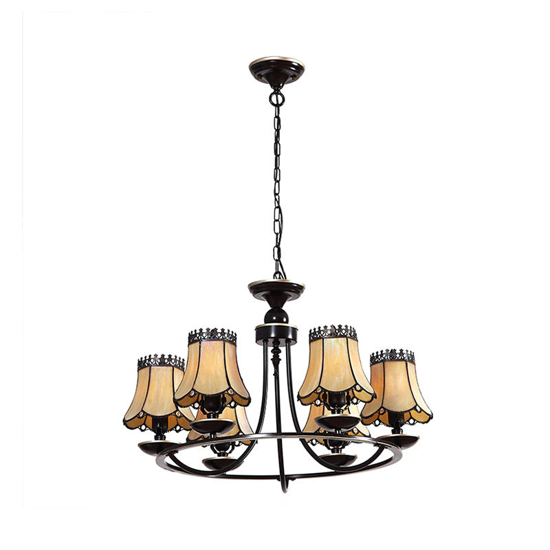 Vintage Ring Pendant Light With Tapered Yellow Glass Shades - 6 Lights Chandelier For Hotel