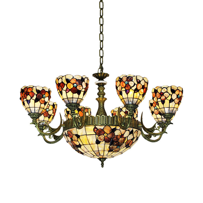 Tiffany Beige Flower Pattern Chandelier for Bedroom, 9/11 Lights, Ceiling Suspension Lamp with Bowl Shell Shade