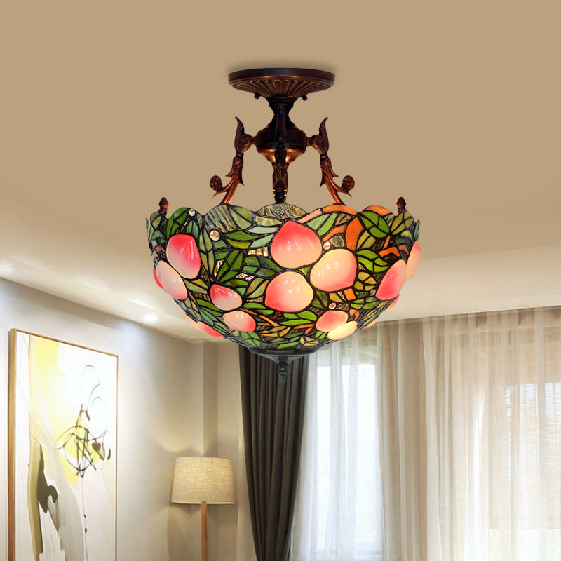 Victorian Semi Flush Stained Glass Ceiling Lamp for Bedroom - 3-Head Green/Pink Grape/Peach Pattern
