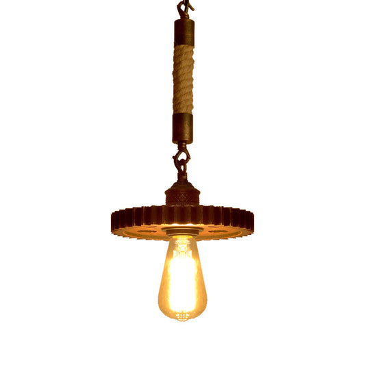 Vintage Gear Metal Pendant Light Kit - 1/5-Light Down Lighting in Rust for Coffee Shop with Rope Rod